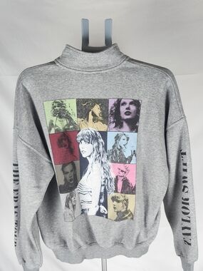 Taylor Swift Gray Cowl Neck Graphic Sweatshirt with Multicolor Panels